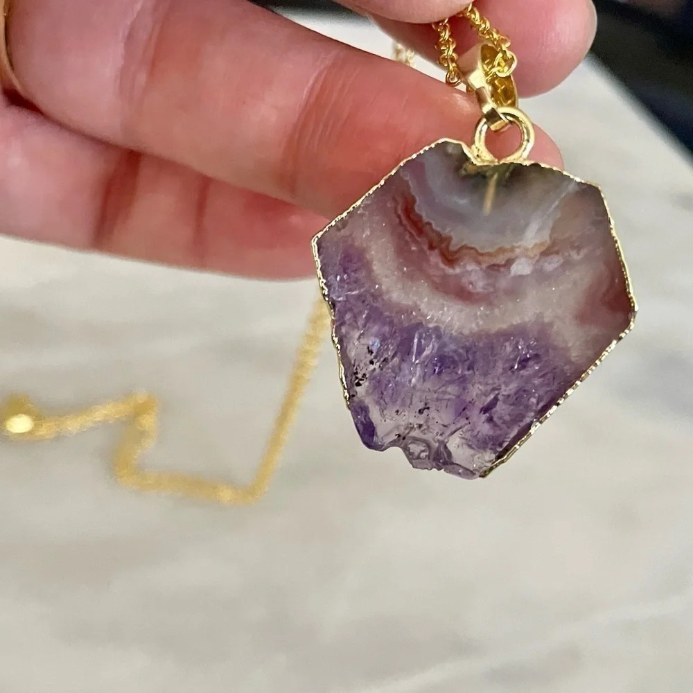 Hexagonal Amethyst Slice Pendant Necklace - Picture 6 of 9